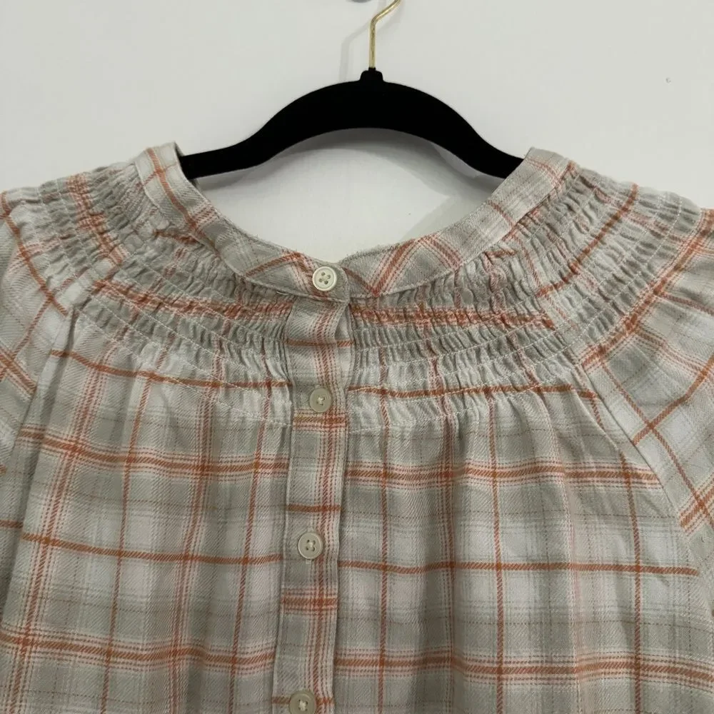 LOFT Plaid Smocked Henley Top Blouse Cream Gray Orange Women's, Size M